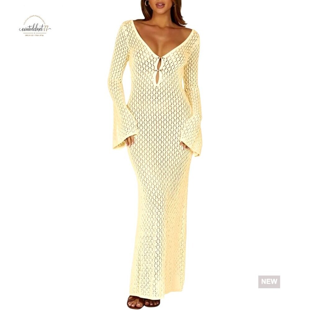 Long Sleeve Crochet Maxi Dress Cover Up Bodycon Beach Vacation Summer
